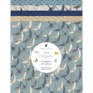5 Papiers Origami - 20 x 20 cm - Bleu, Bleu Marine, Gris et Or - Songe - 20A