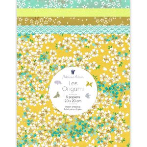 5 Papiers Origami - 20 x 20 cm - Jaune Moutarde, Vert Acidulé et Vert d'Eau - Mirabelle - 20E
