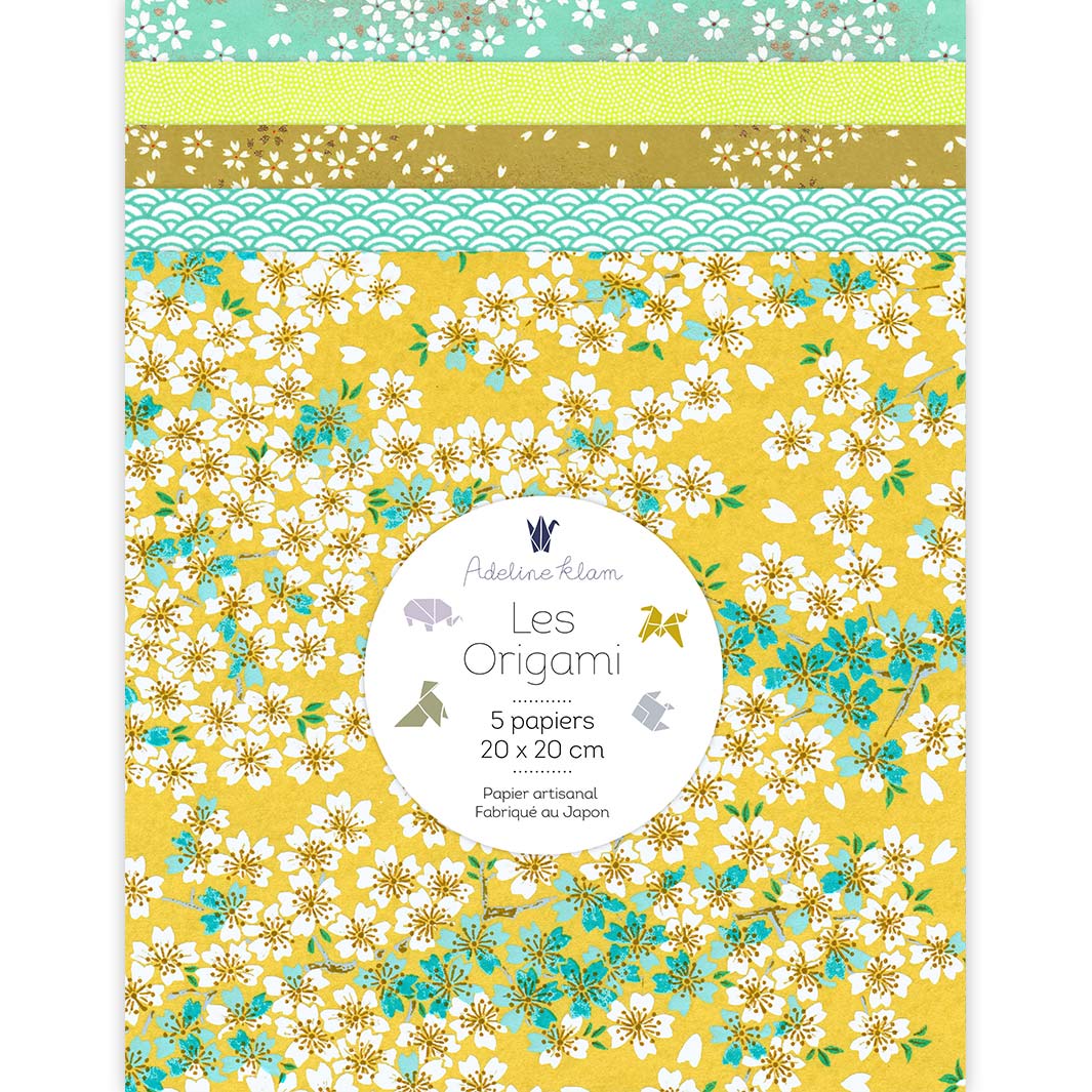 5 Papiers Origami - 20 x 20 cm - Jaune Moutarde, Vert Acidulé et Vert d'Eau - Mirabelle - 20E