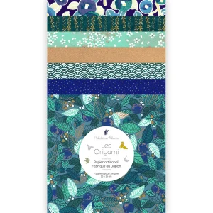 7 Papiers Origami - 15 x 15 cm - Bleu Nuit, Bleu Canard et Or - Libellule - Z10