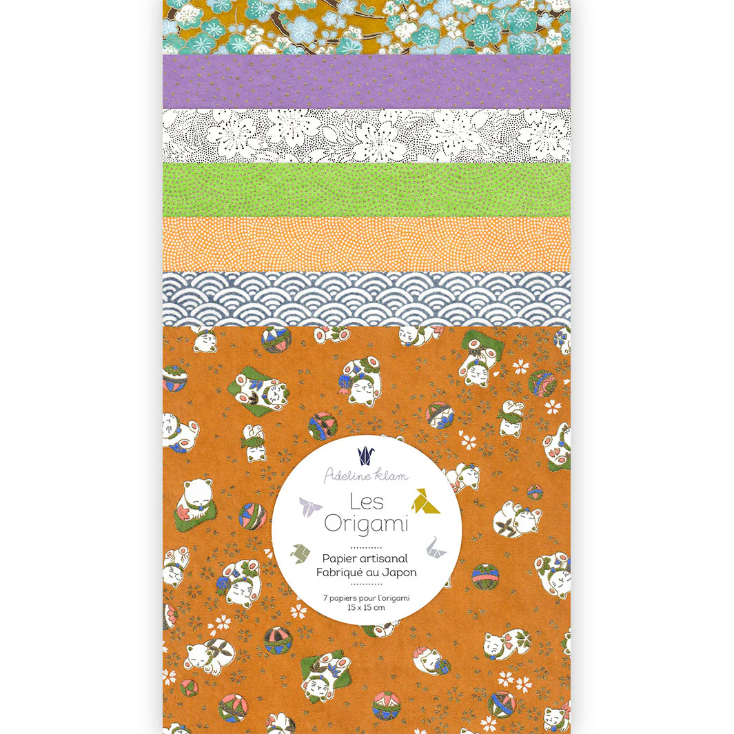 7 Papiers Origami - 15 x 15 cm - Jaune Moutarde, Mauve, Vert et Bleu Gris - Billie - I8