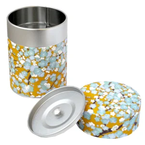 Boîte à thé - Fleurs de cerisier bleues fond moutarde - M450