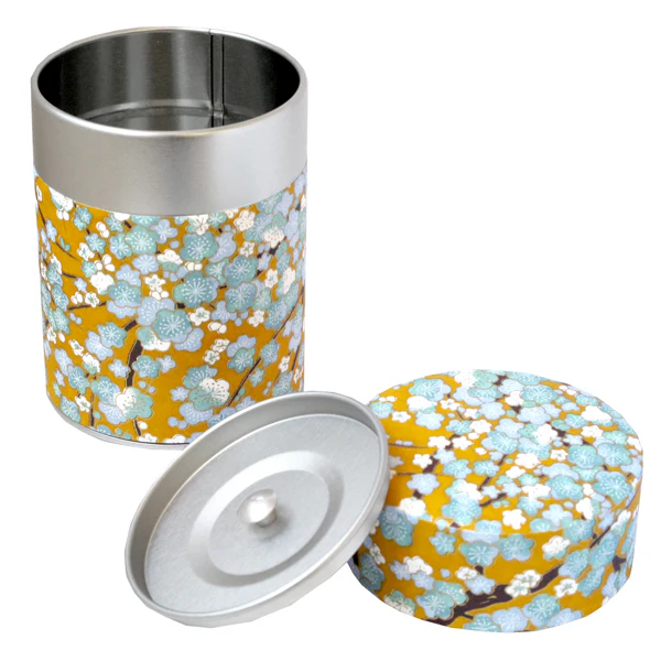 Boîte à thé - Fleurs de cerisier bleues fond moutarde - M450 – Image 2
