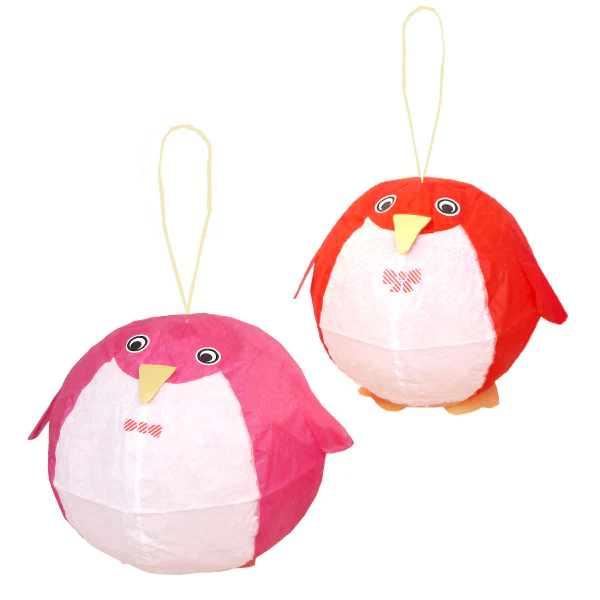 Lot de 2 Lampions Japonais en Papier - Pingouin - Rose et Rouge – Image 2