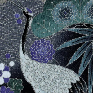 Tissu Japonais - Grues, Pins et Chrysanthème - Bleu Marine, Gris, Bleu Pétrole et Indigo - T463