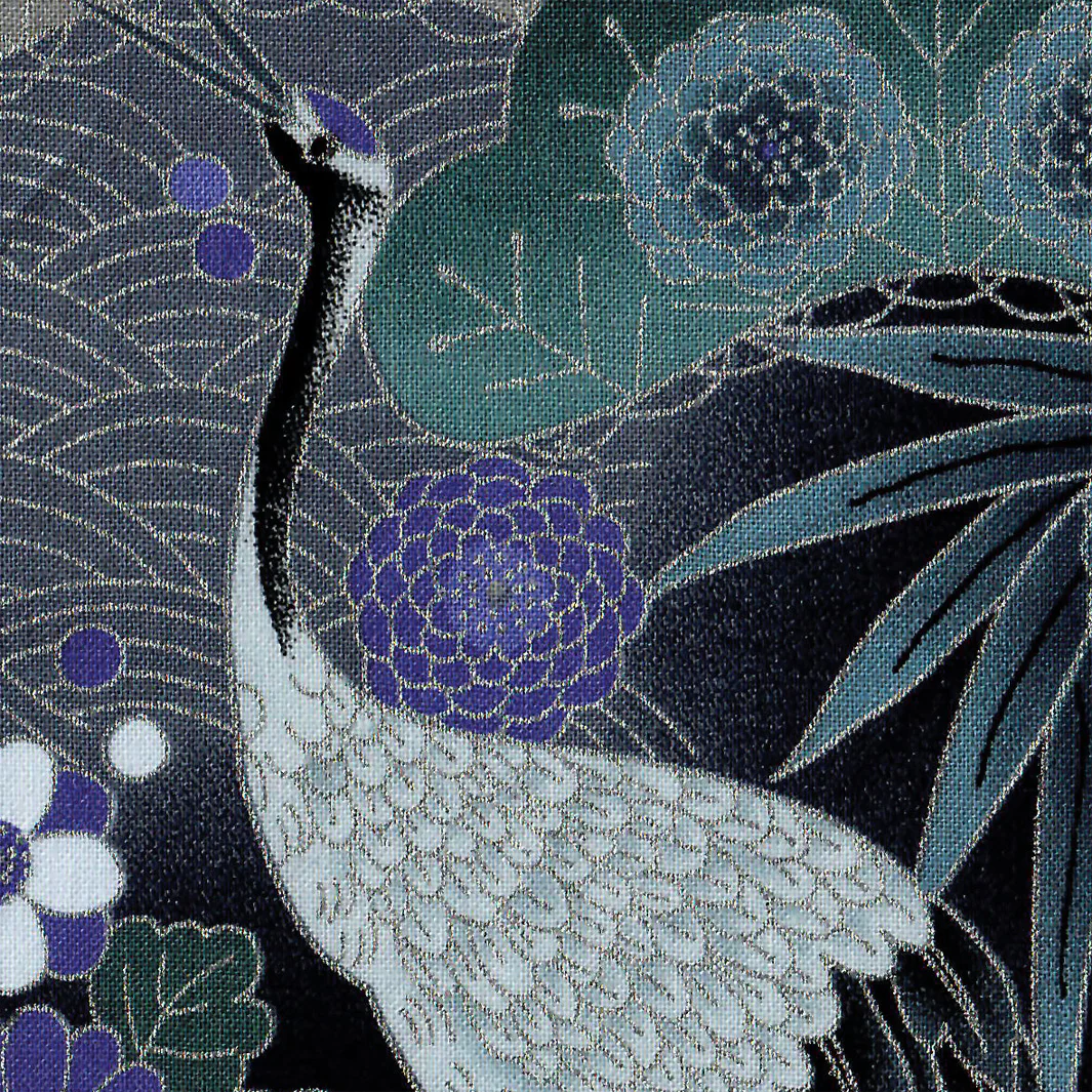 Tissu Japonais - Grues, Pins et Chrysanthème - Bleu Marine, Gris, Bleu Pétrole et Indigo - T463 – Image 2