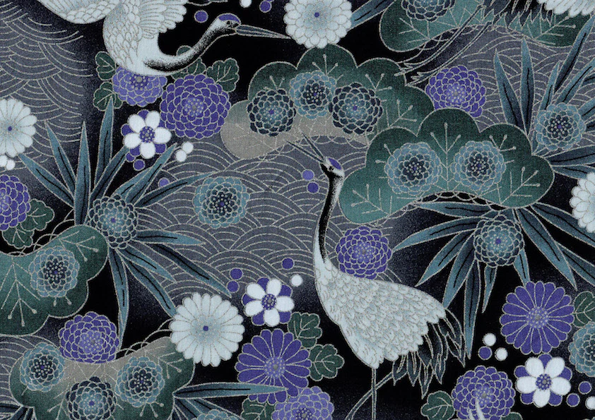 Tissu Japonais - Grues, Pins et Chrysanthème - Bleu Marine, Gris, Bleu Pétrole et Indigo - T463 – Image 5
