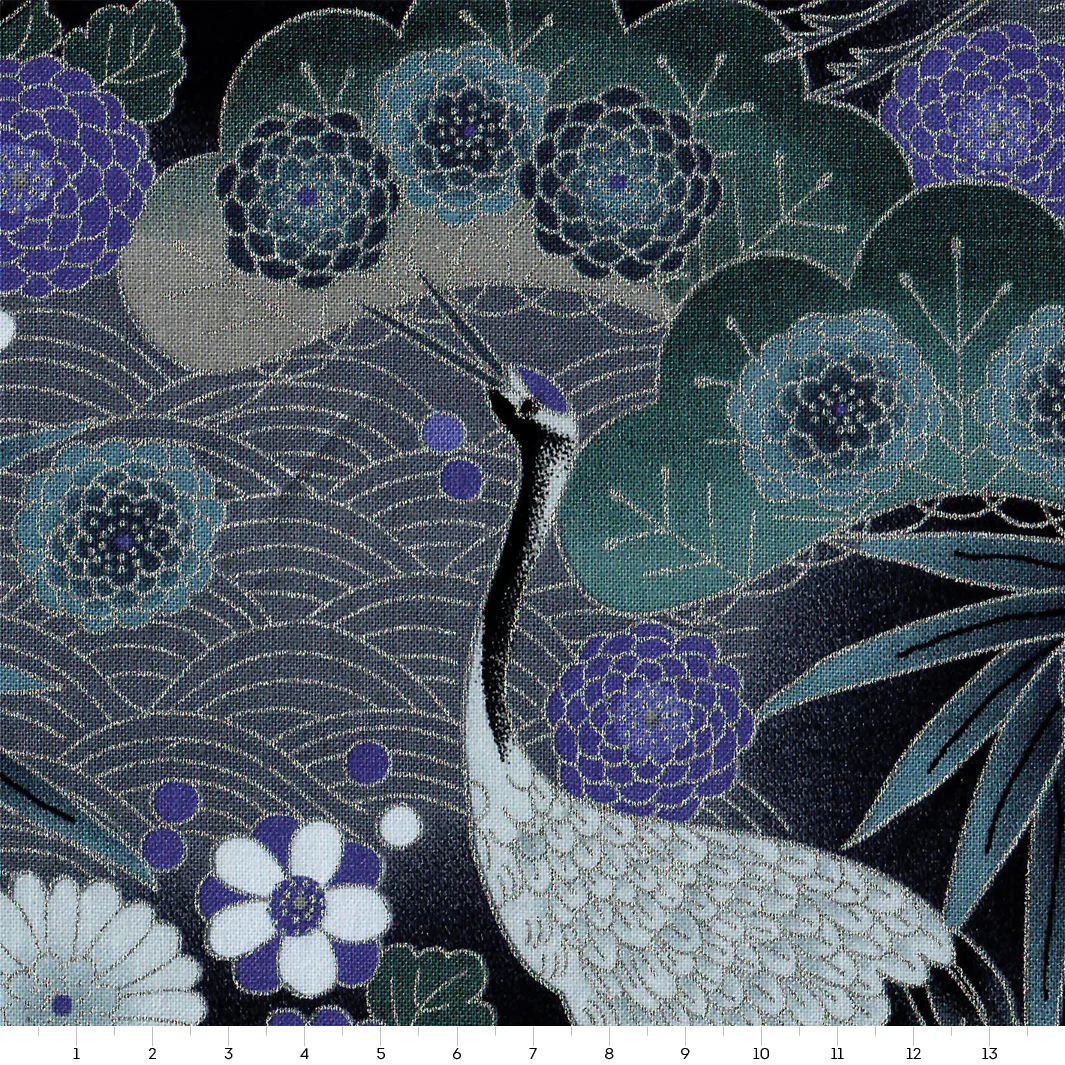 Tissu Japonais - Grues, Pins et Chrysanthème - Bleu Marine, Gris, Bleu Pétrole et Indigo - T463 – Image 3