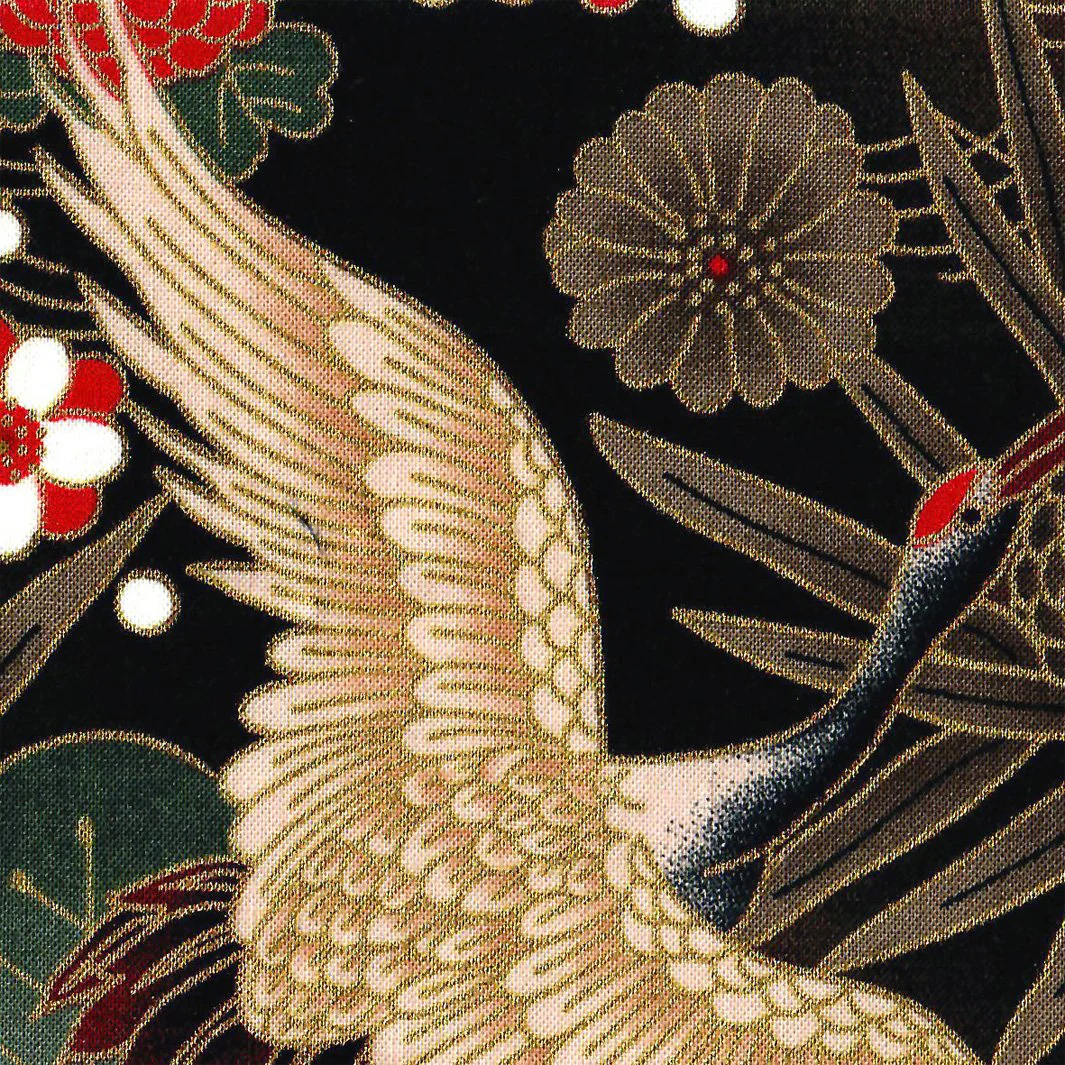 Cabas en Tissus Japonais - Grues, Pins et Chrysanthème - Noir, Taupe, Rouge et Vert – Image 4