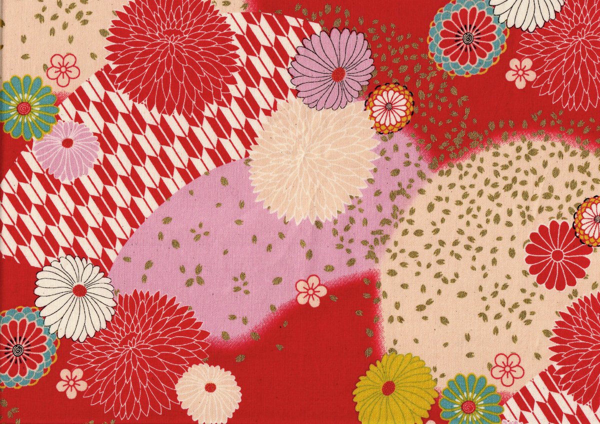 Tissu Japonais - Chrysanthèmes et Flèches - Rouge, Rose, Beige, Jaune Moutarde et Bleu - T472 – Image 4