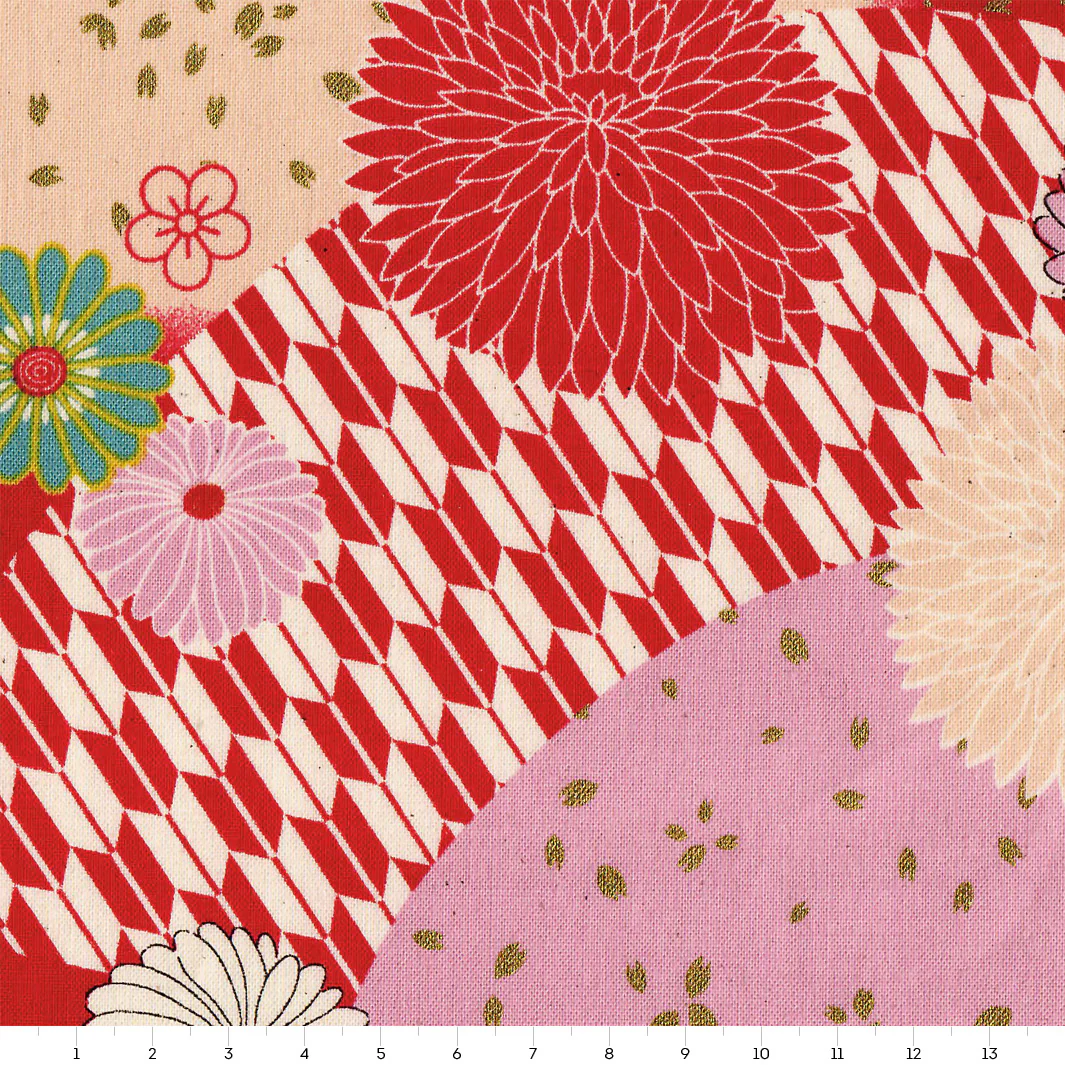 Tissu Japonais - Chrysanthèmes et Flèches - Rouge, Rose, Beige, Jaune Moutarde et Bleu - T472 – Image 3