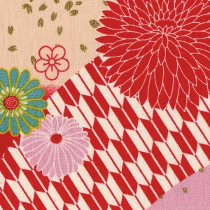 Tissu Japonais - Chrysanthèmes et Flèches - Rouge, Rose, Beige, Jaune Moutarde et Bleu - T472