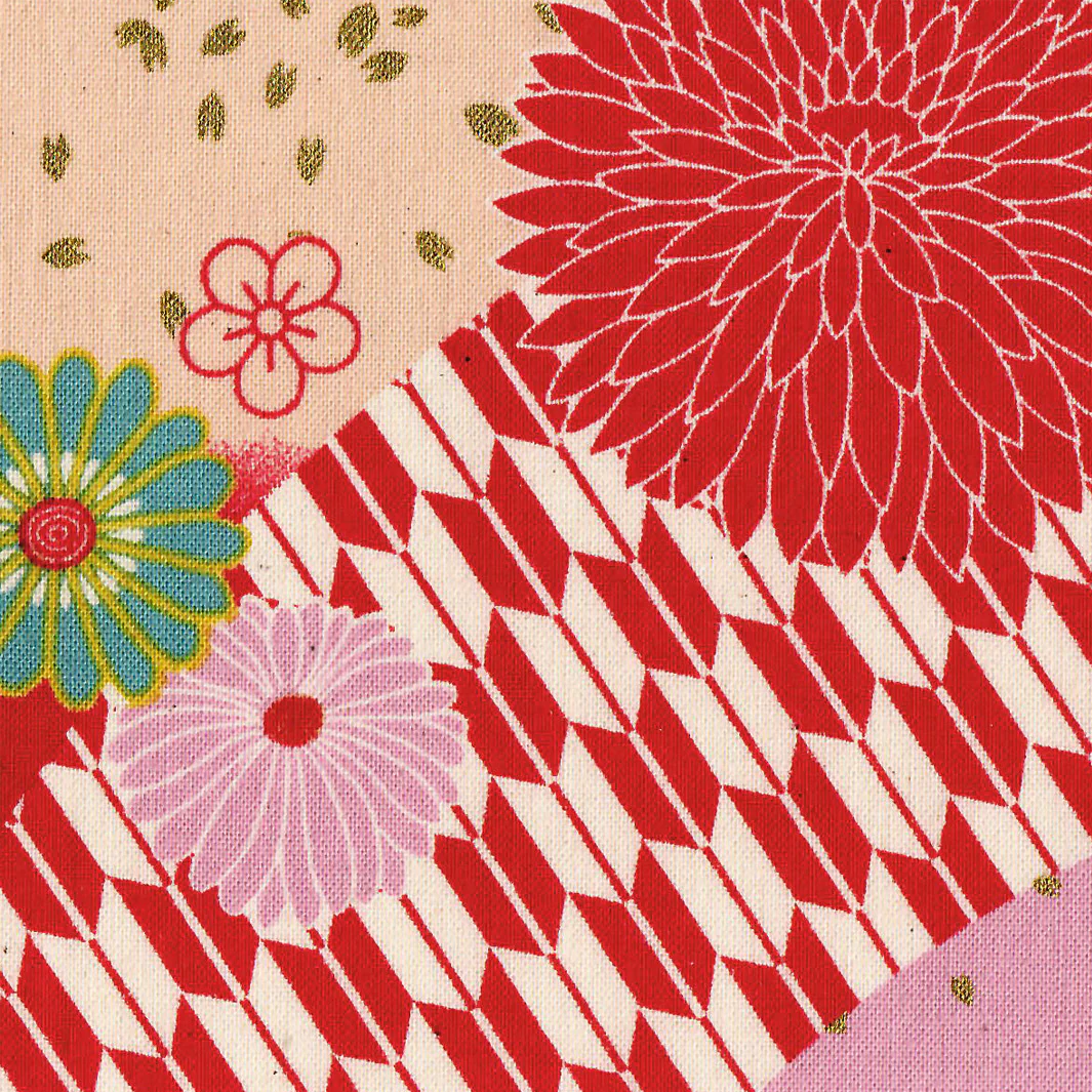 Tissu Japonais - Chrysanthèmes et Flèches - Rouge, Rose, Beige, Jaune Moutarde et Bleu - T472
