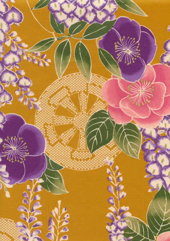 Tissu Japonais - Glycines, Camélias et Roues - Jaune Moutarde, Rose et Violet - T500 – Image 3