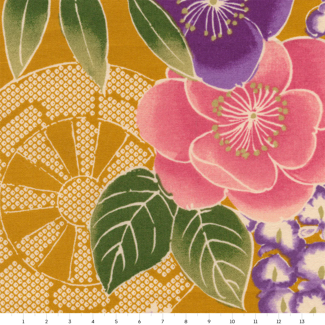 Tissu Japonais - Glycines, Camélias et Roues - Jaune Moutarde, Rose et Violet - T500 – Image 4