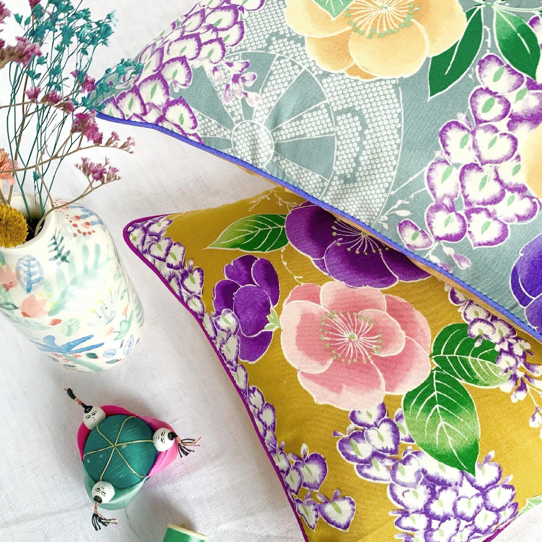 Tissu Japonais - Glycines, Camélias et Roues - Jaune Moutarde, Rose et Violet - T500 – Image 5