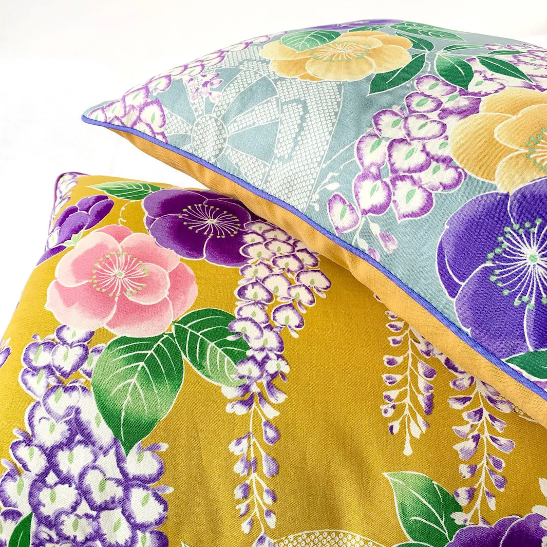 Tissu Japonais - Glycines, Camélias et Roues - Jaune Moutarde, Rose et Violet - T500 – Image 7