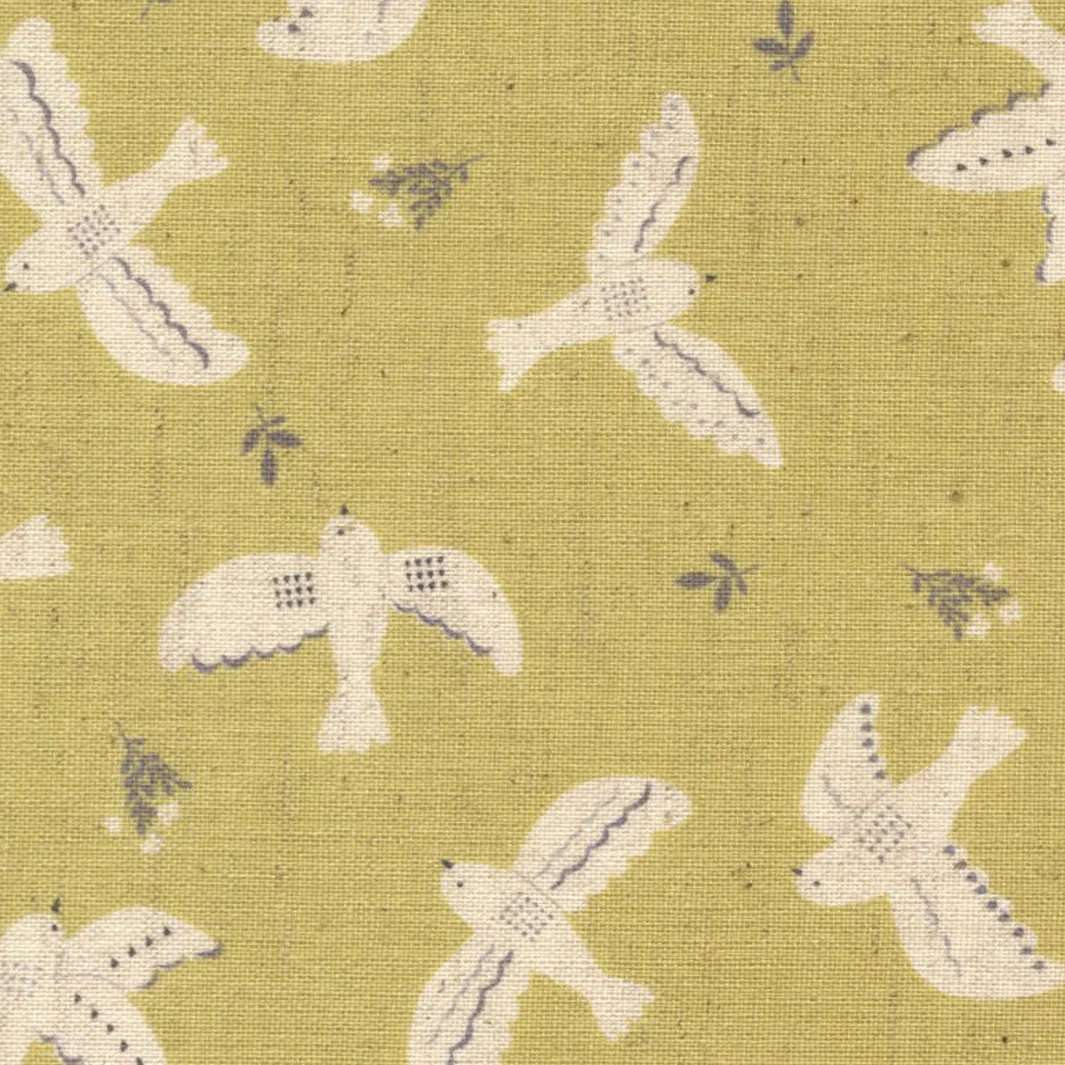 Tissu Japonais - Oiseaux - Vert Anis et Beige - T503