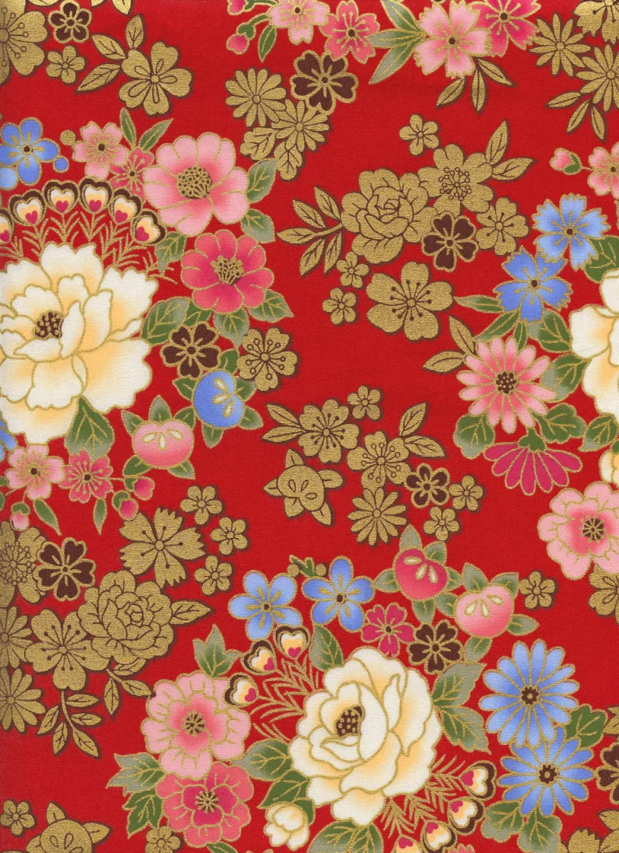 Tissu Japonais - Fleurs et Dorures - Rouge, Or, Rose et Bleu - T522 – Image 4