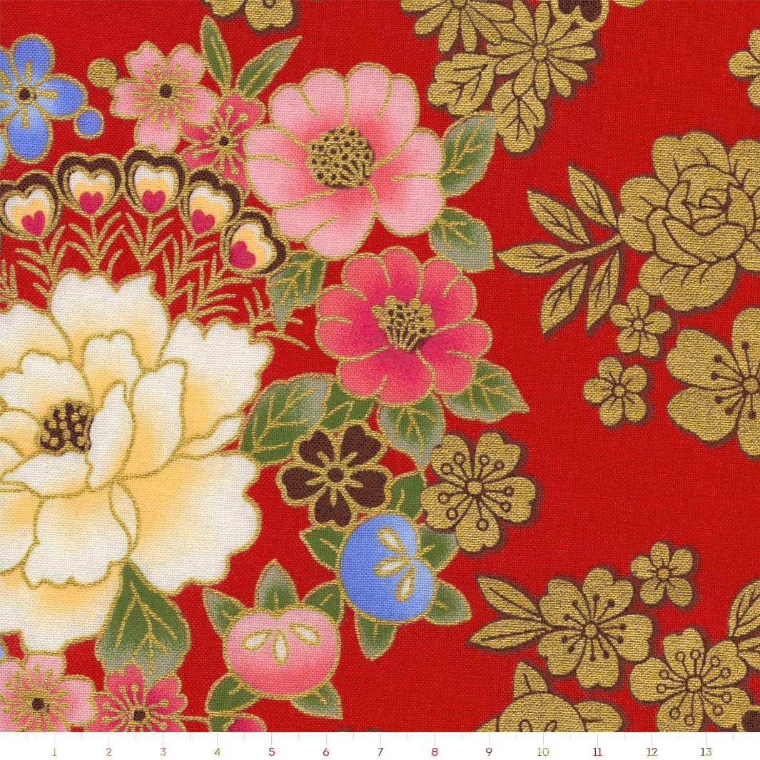 Tissu Japonais - Fleurs et Dorures - Rouge, Or, Rose et Bleu - T522 – Image 3