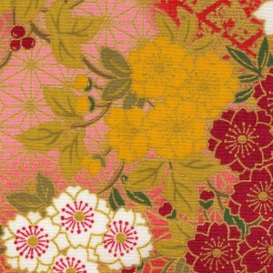 Tissu Japonais - Fleurs de Cerisier, Glycines et Lierres - Rouge, Jaune et Vert - T526