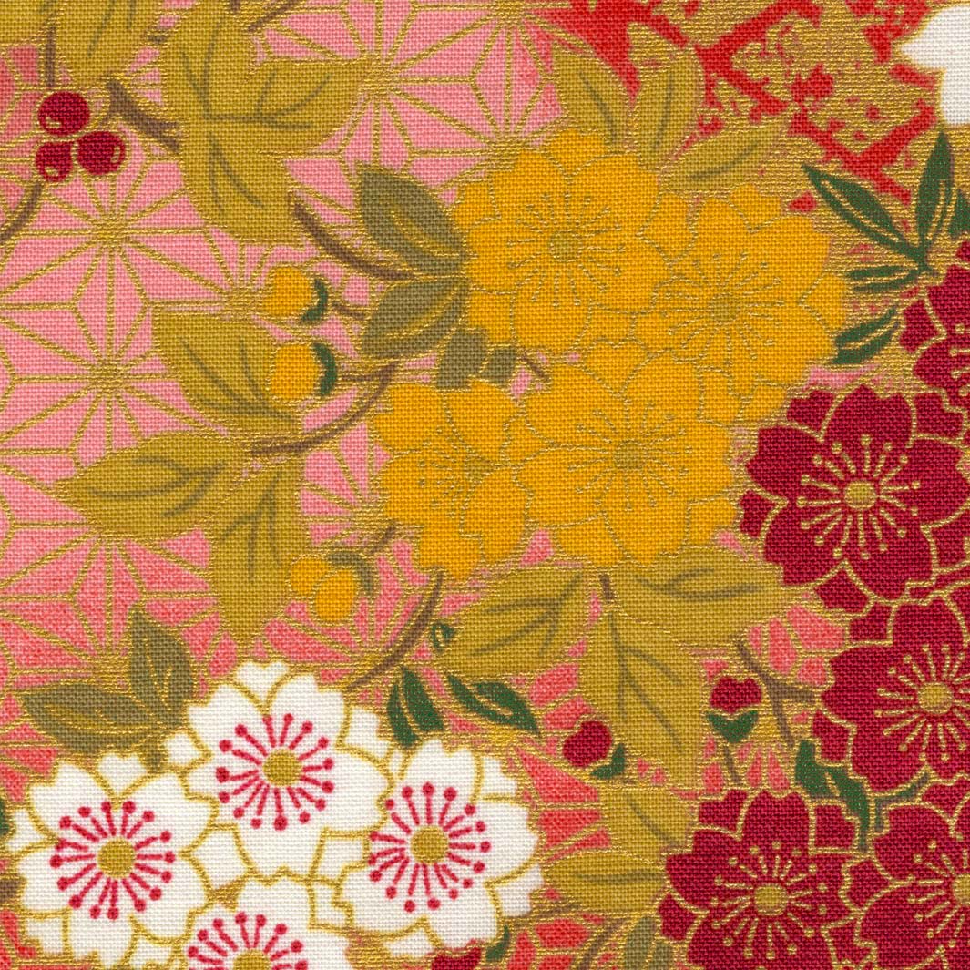 Tissu Japonais - Fleurs de Cerisier, Glycines et Lierres - Rouge, Jaune et Vert - T526 – Image 2