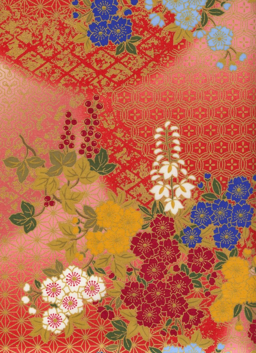 Tissu Japonais - Fleurs de Cerisier, Glycines et Lierres - Rouge, Jaune et Vert - T526 – Image 4