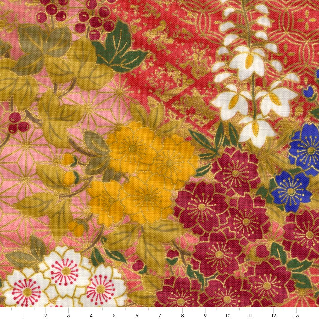 Tissu Japonais - Fleurs de Cerisier, Glycines et Lierres - Rouge, Jaune et Vert - T526 – Image 3