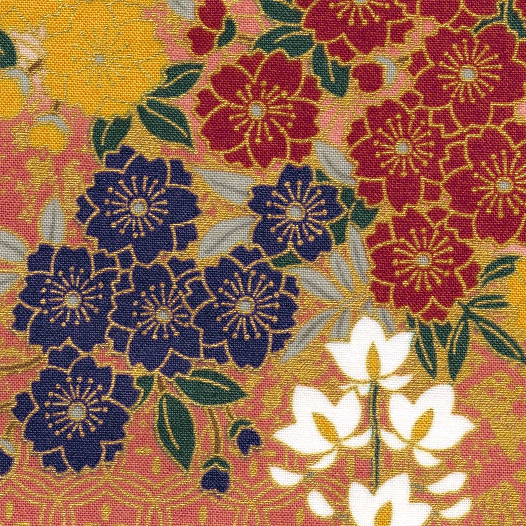Tissu Japonais - Fleurs de Cerisier, Glycines et Lierres - Rose, Taupe, Rouge et Bleu - T527 – Image 2
