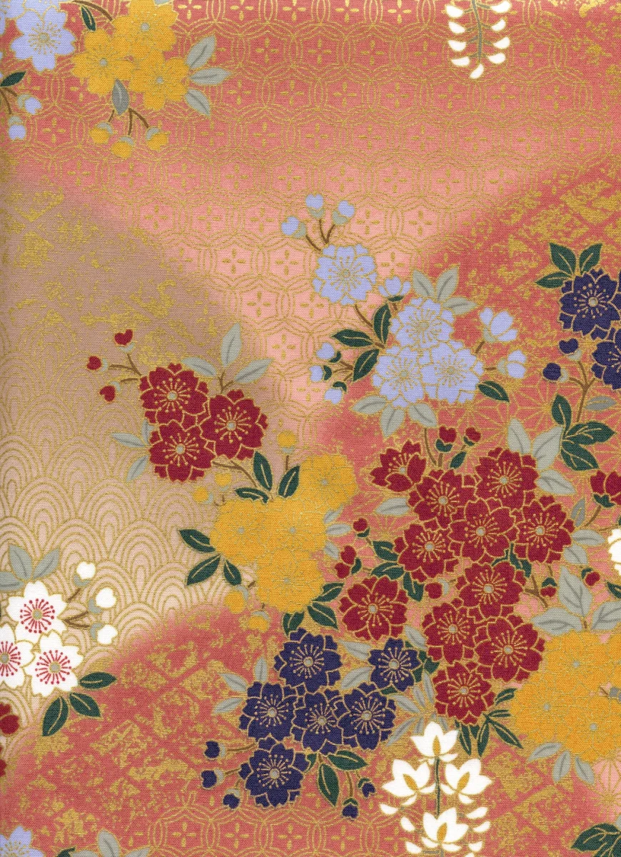 Tissu Japonais - Fleurs de Cerisier, Glycines et Lierres - Rose, Taupe, Rouge et Bleu - T527 – Image 4