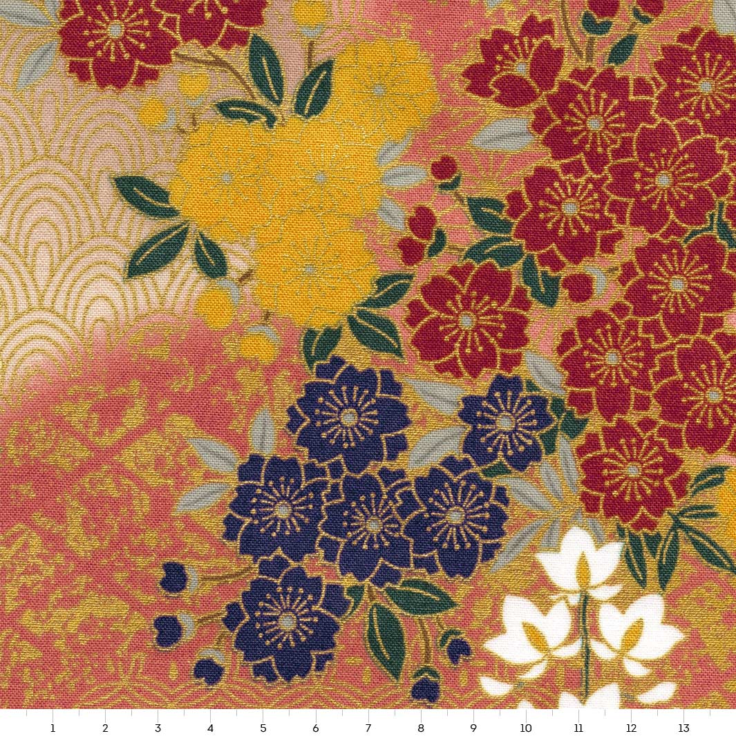 Tissu Japonais - Fleurs de Cerisier, Glycines et Lierres - Rose, Taupe, Rouge et Bleu - T527 – Image 3
