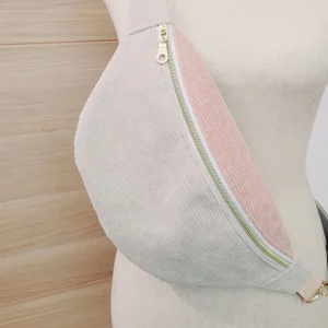 Sac banane femme en velours côtelé écru/rose intérieur coeur "VELFY"
