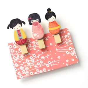 Lot de 3 pinces décoratives en bois - Kokeshi - Tons Chauds