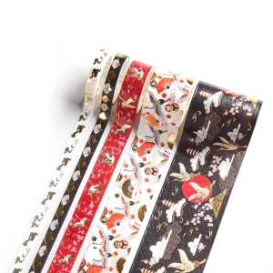 Lot de 5 rubans adhésifs décoratifs - Grues, Éventails et Ciels - Noir, Rouge, Blanc et Or