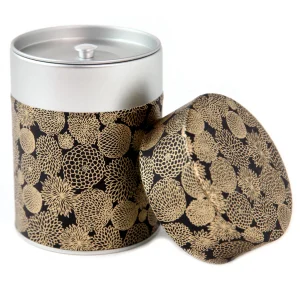 Boîte à Thé Cylindre - Fleurs Pompons - Noir et Or - M869