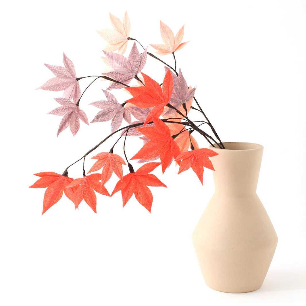 Kit 3 Branchages Feuilles d'Érable en Crépon - Rose Saumon, Corail Vif et Mauve et - Corail