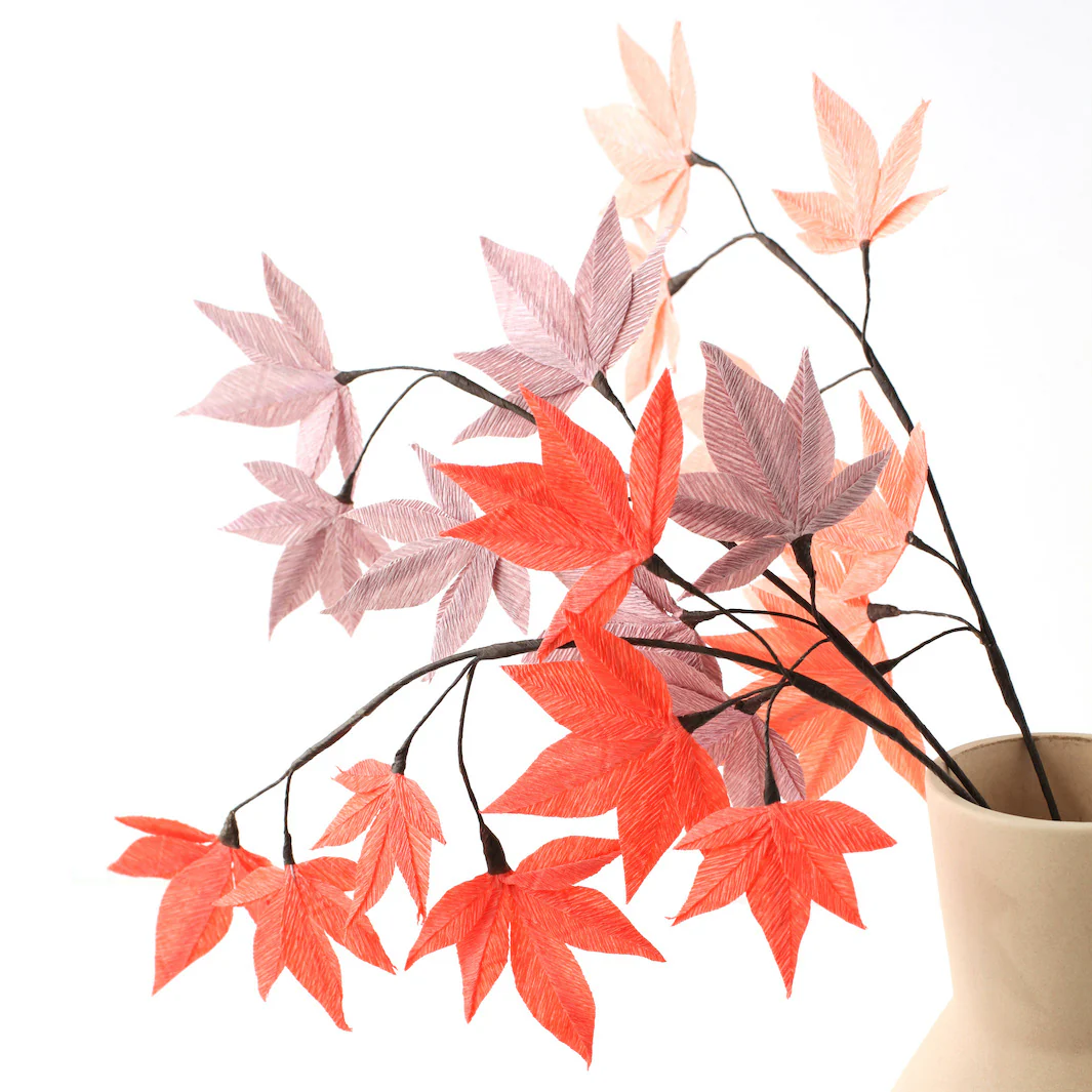 Kit 3 Branchages Feuilles d'Érable en Crépon - Rose Saumon, Corail Vif et Mauve et - Corail – Image 4