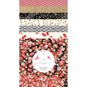 7 Papiers Origami - 15 x 15 cm - Rouge, Noir et Or - Sakurajima - J3