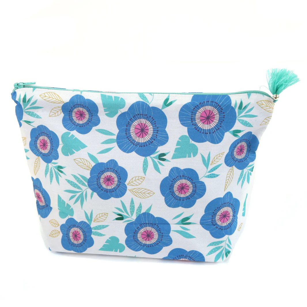 Trousse avec Fond en Tissus - Grosses Fleurs - Bleu, Turquoise, Vert d'Eau et Blanc