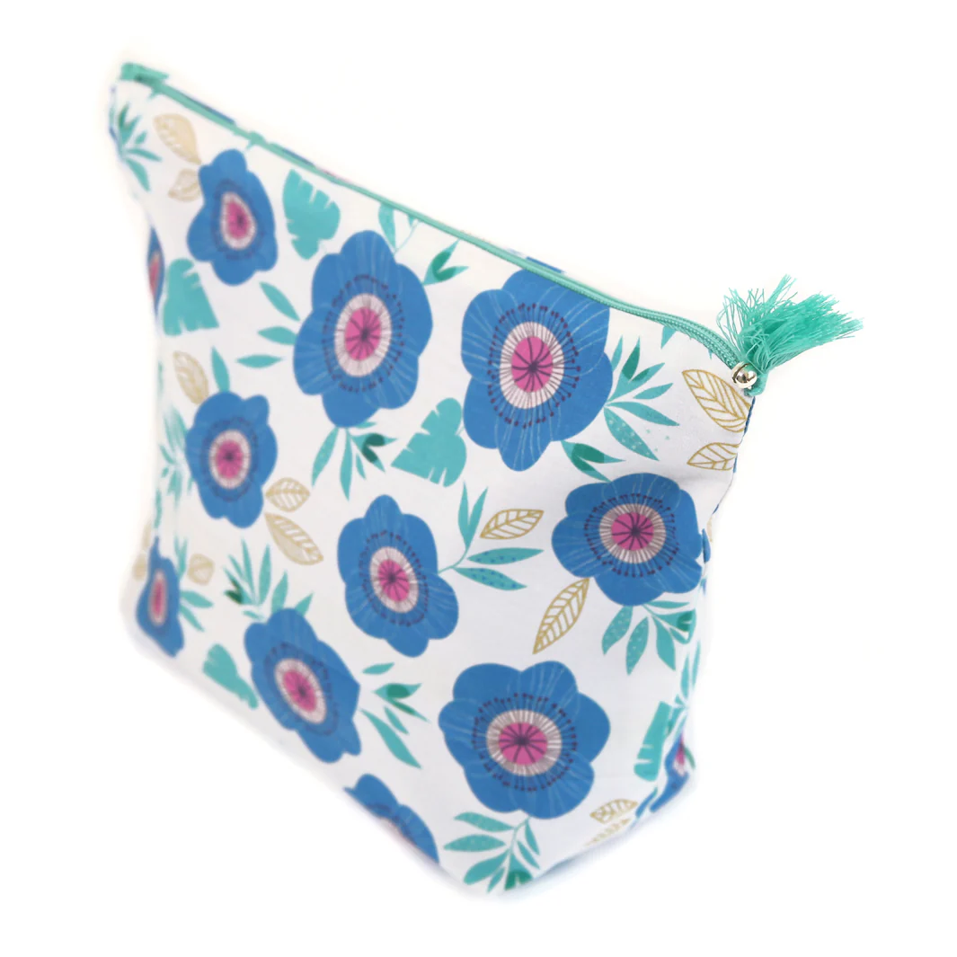Trousse avec Fond en Tissus - Grosses Fleurs - Bleu, Turquoise, Vert d'Eau et Blanc – Image 3