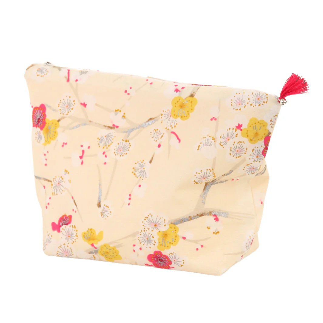 Trousse avec Fond en Tissus Japonais - Branches de Fleurs de Prunier - Beige, Jaune et Rose – Image 2