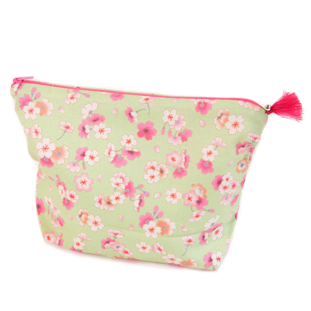 Trousse avec Fond en Tissus Japonais - Fleurs de Cerisier - Vert, Rose, Blanc et Corail – Image 2