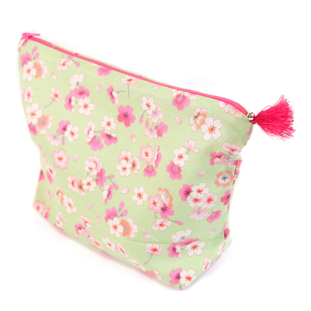 Trousse avec Fond en Tissus Japonais - Fleurs de Cerisier - Vert, Rose, Blanc et Corail – Image 3