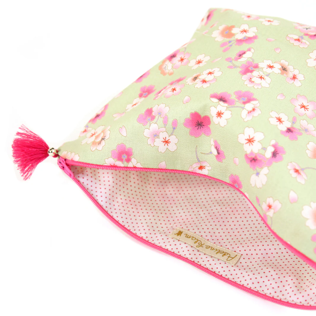 Trousse avec Fond en Tissus Japonais - Fleurs de Cerisier - Vert, Rose, Blanc et Corail – Image 4