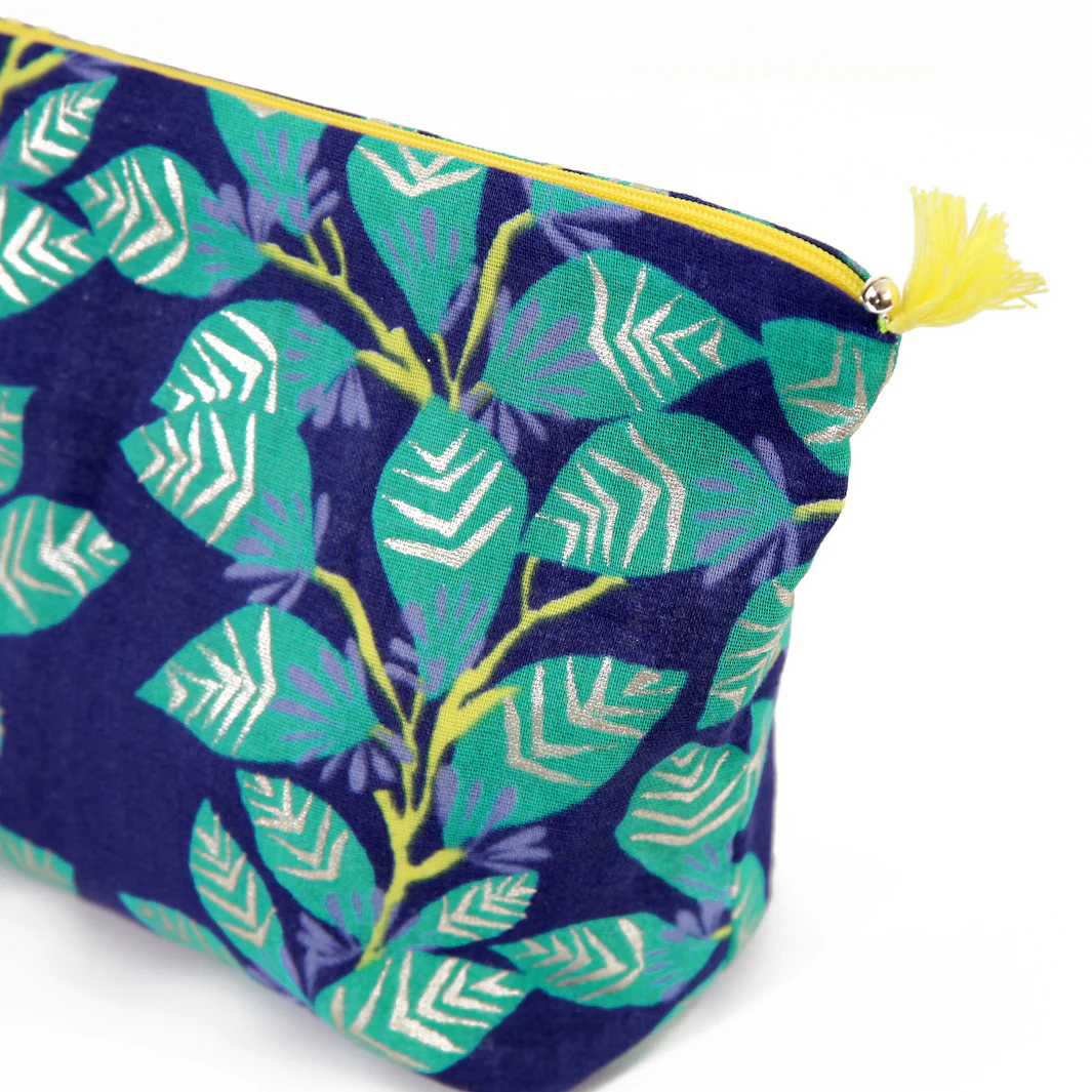 Trousse avec Fond en Tissus Japonais - Gros Branchages - Bleu, Vert et Jaune – Image 3