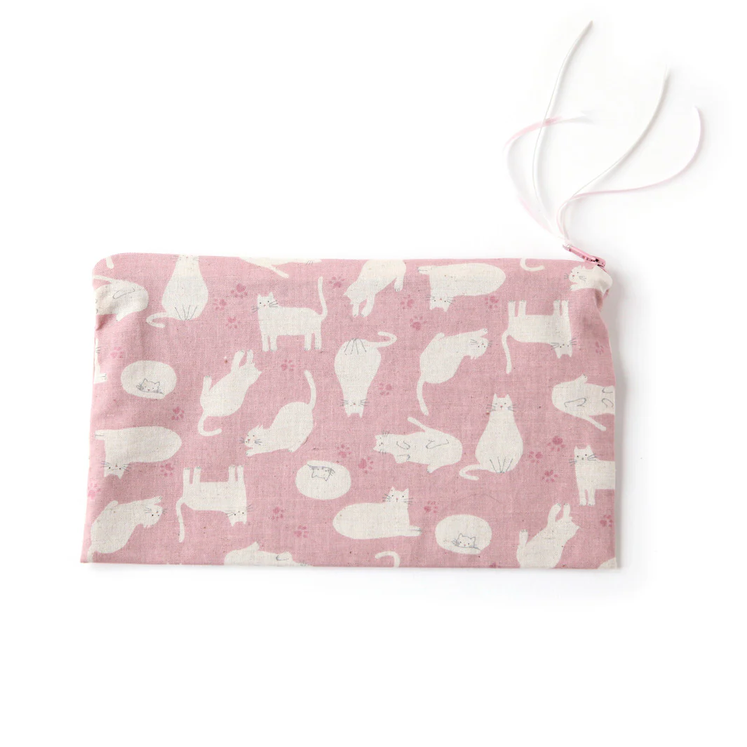 Trousse Plate en Tissus Japonais - Chats - Vieux Rose et Beige – Image 2