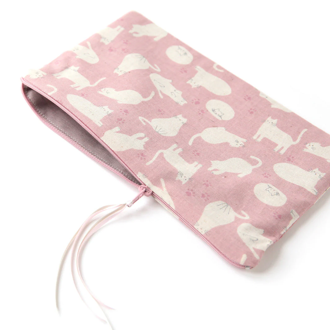 Trousse Plate en Tissus Japonais - Chats - Vieux Rose et Beige – Image 3