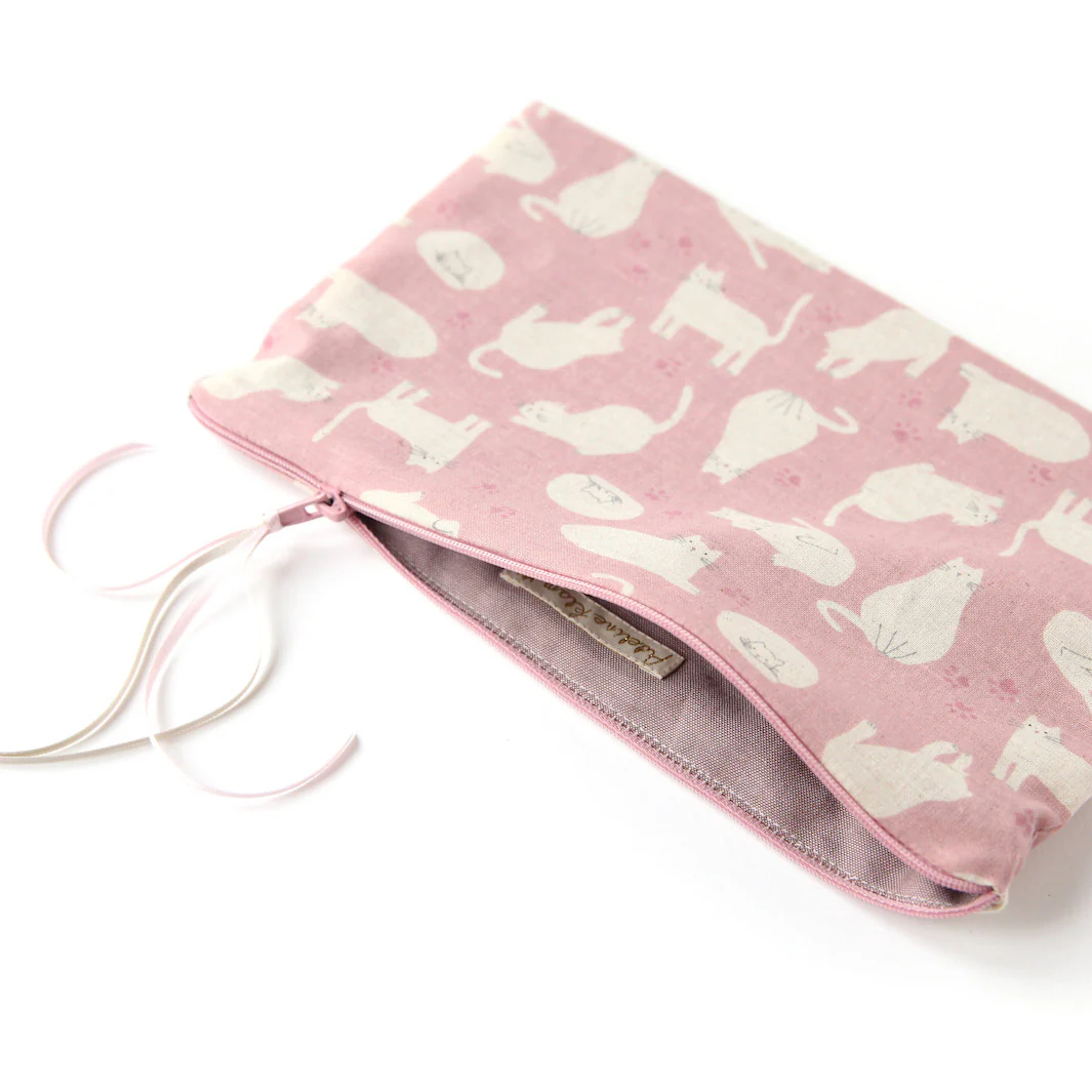 Trousse Plate en Tissus Japonais - Chats - Vieux Rose et Beige – Image 4