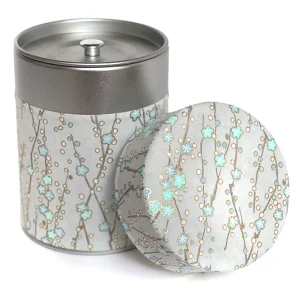 Boîte à thé - Petites fleurs bleues et vert d'eau fond gris - M571