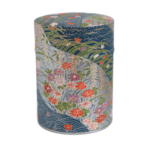 Boîte à thé - Dunes et fleurs rouges roses sur fond bleu et nacré - M747 – Image 4